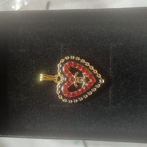 Chanel Authentic Gold Heart Pendant Necklace with Red Rhinestone
